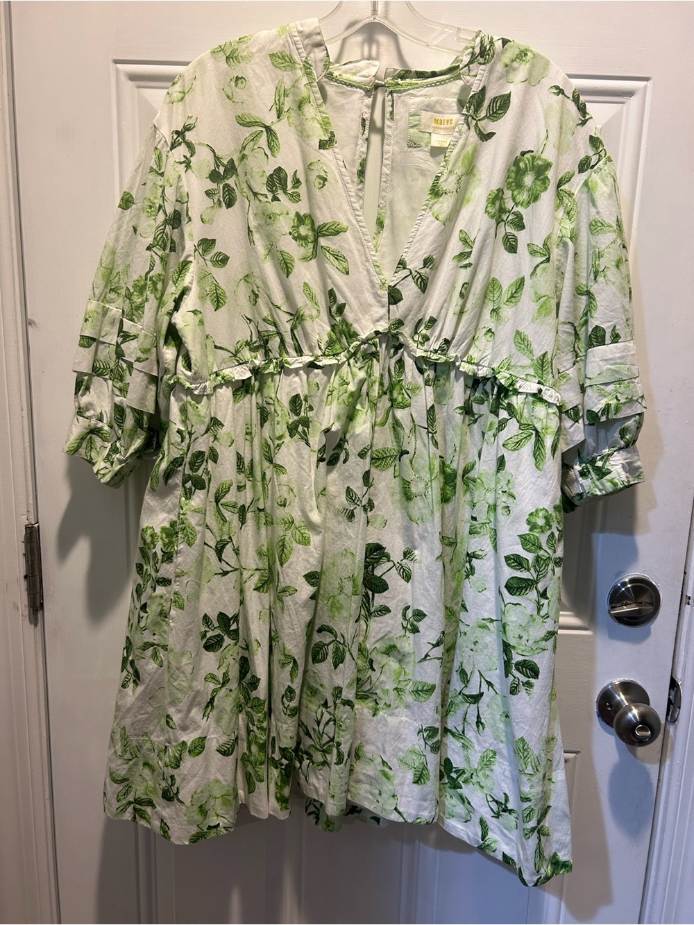 Anthropologie White Dress with Green Leaf Print